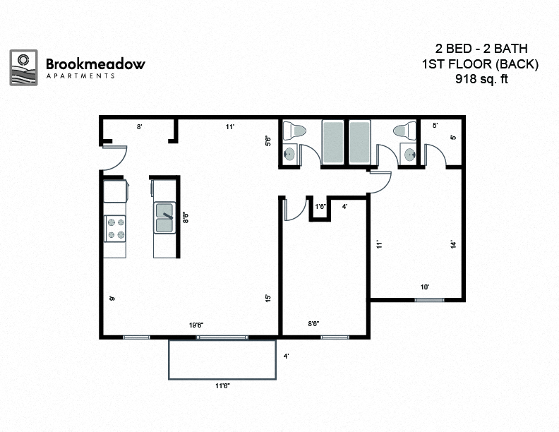 Floor plan for 2 beds, 2 baths, 918 sqft